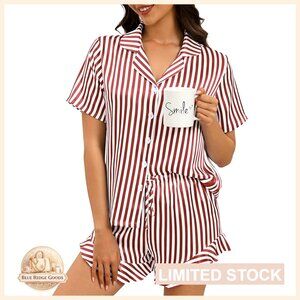 Satin Pajama Set Button Down Short Sleeve Ruffle Collar Loungewear Sleepwear